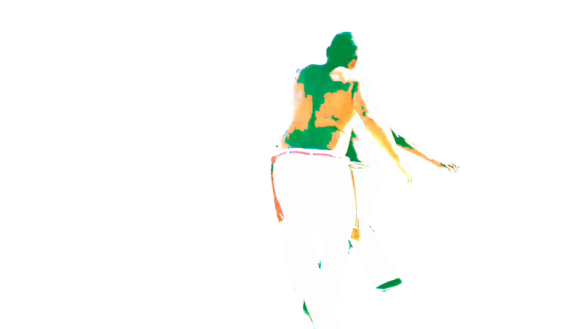 Deux silhouettes en vert et jaune enchaînent des mouvements de capoeira : ginga, esquive, au